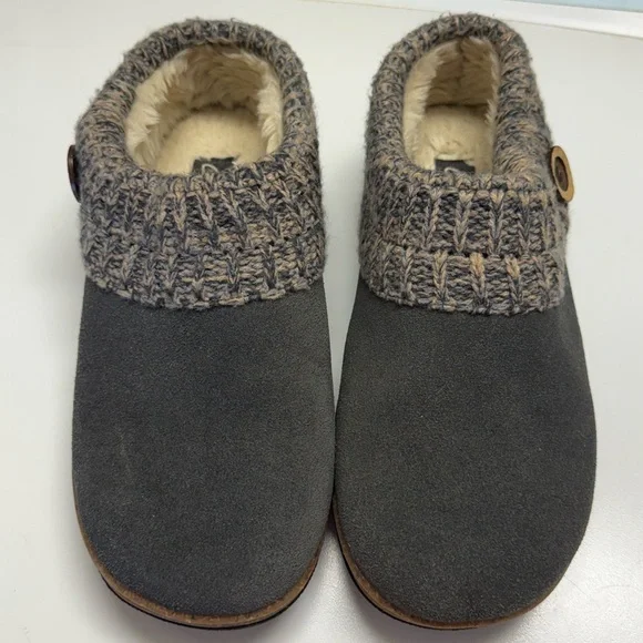 Clarks 9M Knitted Collar Clogs Suede Fur-Lined Hard-Bottom Slippers Gray EUC - Picture 4 of 9